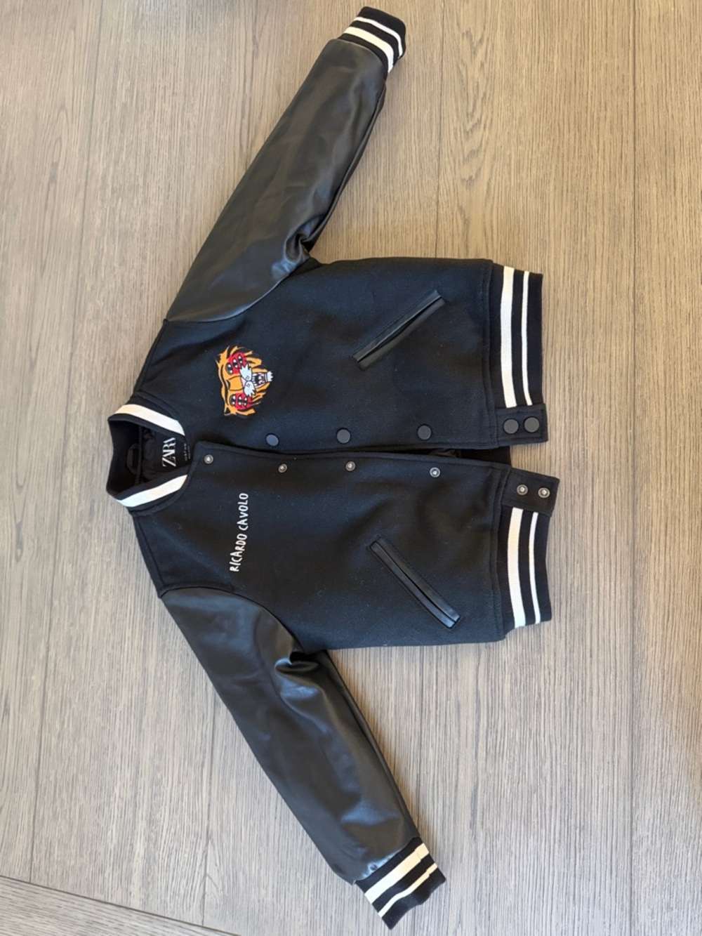 Zara Black & White Varsity Jacket with Embroidered Crest